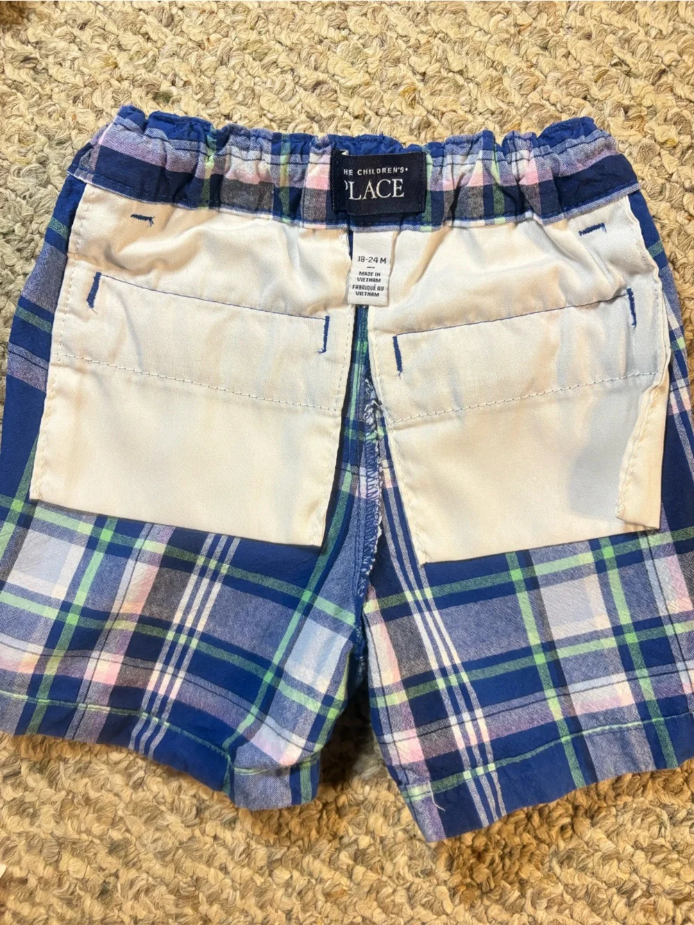 The Children's Place Blue Plaid Chino Shorts with Green and Pale Pink Stripes